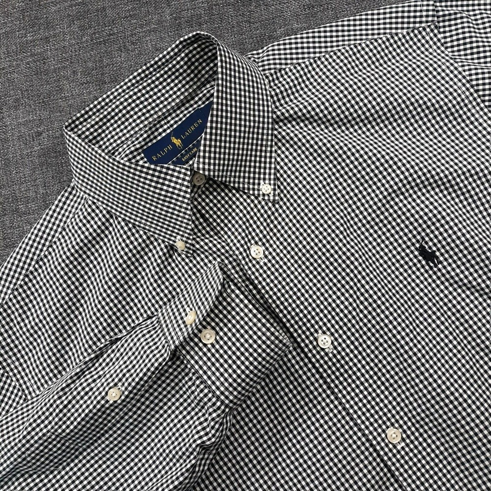 Ralph Lauren Shirt Mens Size 17 Button Up Cotton White Black Pony Logo Easy Care